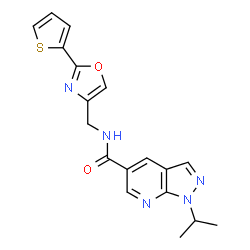 ChemSpider 2D Image | 1-Isopropyl-N-{[2-(2-thienyl)-1,3-oxazol-4-yl]methyl}-1H-pyrazolo[3,4-b]pyridine-5-carboxamide | C18H17N5O2S