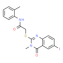 ChemSpider 2D Image | 2-[(6-Iodo-3-methyl-4-oxo-3,4-dihydro-2-quinazolinyl)sulfanyl]-N-(2-methylphenyl)acetamide | C18H16IN3O2S