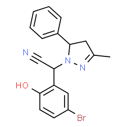 ChemSpider 2D Image | (5-Bromo-2-hydroxyphenyl)(3-methyl-5-phenyl-4,5-dihydro-1H-pyrazol-1-yl)acetonitrile | C18H16BrN3O