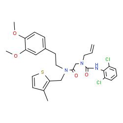 ChemSpider 2D Image | N~2~-Allyl-N~2~-[(2,6-dichlorophenyl)carbamoyl]-N-[2-(3,4-dimethoxyphenyl)ethyl]-N-[(3-methyl-2-thienyl)methyl]glycinamide | C28H31Cl2N3O4S