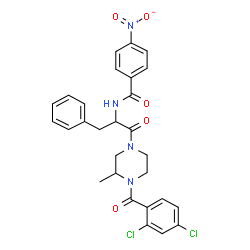 ChemSpider 2D Image | N-{1-[4-(2,4-Dichlorobenzoyl)-3-methyl-1-piperazinyl]-1-oxo-3-phenyl-2-propanyl}-4-nitrobenzamide | C28H26Cl2N4O5