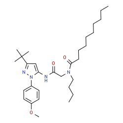 ChemSpider 2D Image | N-Butyl-N-(2-{[1-(4-methoxyphenyl)-3-(2-methyl-2-propanyl)-1H-pyrazol-5-yl]amino}-2-oxoethyl)decanamide | C30H48N4O3