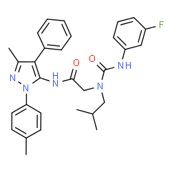 ChemSpider 2D Image | N~2~-[(3-Fluorophenyl)carbamoyl]-N~2~-isobutyl-N-[3-methyl-1-(4-methylphenyl)-4-phenyl-1H-pyrazol-5-yl]glycinamide | C30H32FN5O2
