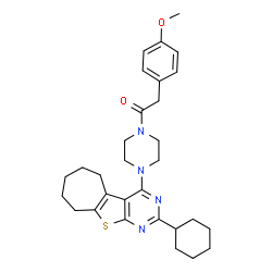 ChemSpider 2D Image | 1-[4-(2-Cyclohexyl-6,7,8,9-tetrahydro-5H-cyclohepta[4,5]thieno[2,3-d]pyrimidin-4-yl)-1-piperazinyl]-2-(4-methoxyphenyl)ethanone | C30H38N4O2S