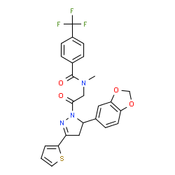 ChemSpider 2D Image | N-{2-[5-(1,3-Benzodioxol-5-yl)-3-(2-thienyl)-4,5-dihydro-1H-pyrazol-1-yl]-2-oxoethyl}-N-methyl-4-(trifluoromethyl)benzamide | C25H20F3N3O4S