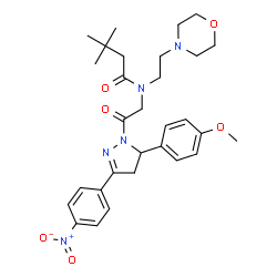 ChemSpider 2D Image | N-{2-[5-(4-Methoxyphenyl)-3-(4-nitrophenyl)-4,5-dihydro-1H-pyrazol-1-yl]-2-oxoethyl}-3,3-dimethyl-N-[2-(4-morpholinyl)ethyl]butanamide | C30H39N5O6