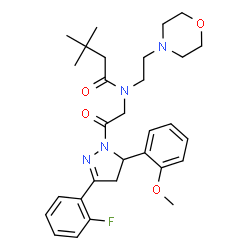 ChemSpider 2D Image | N-{2-[3-(2-Fluorophenyl)-5-(2-methoxyphenyl)-4,5-dihydro-1H-pyrazol-1-yl]-2-oxoethyl}-3,3-dimethyl-N-[2-(4-morpholinyl)ethyl]butanamide | C30H39FN4O4