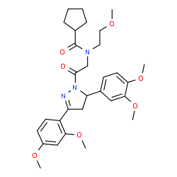 ChemSpider 2D Image | N-{2-[3-(2,4-Dimethoxyphenyl)-5-(3,4-dimethoxyphenyl)-4,5-dihydro-1H-pyrazol-1-yl]-2-oxoethyl}-N-(2-methoxyethyl)cyclopentanecarboxamide | C30H39N3O7