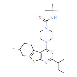 ChemSpider 2D Image | 4-(2-sec-Butyl-7-methyl-5,6,7,8-tetrahydro[1]benzothieno[2,3-d]pyrimidin-4-yl)-N-(2-methyl-2-propanyl)-1-piperazinecarboxamide | C24H37N5OS