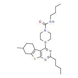 ChemSpider 2D Image | N-Butyl-4-(2-butyl-7-methyl-5,6,7,8-tetrahydro[1]benzothieno[2,3-d]pyrimidin-4-yl)-1-piperazinecarboxamide | C24H37N5OS