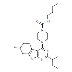 ChemSpider 2D Image | N-Butyl-4-(2-sec-butyl-7-methyl-5,6,7,8-tetrahydro[1]benzothieno[2,3-d]pyrimidin-4-yl)-1-piperazinecarboxamide | C24H37N5OS