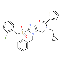 ChemSpider 2D Image | N-({1-Benzyl-2-[(2-fluorobenzyl)sulfonyl]-1H-imidazol-5-yl}methyl)-N-(cyclopropylmethyl)-2-thiophenecarboxamide | C27H26FN3O3S2