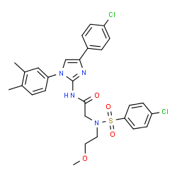 ChemSpider 2D Image | N-[4-(4-Chlorophenyl)-1-(3,4-dimethylphenyl)-1H-imidazol-2-yl]-N~2~-[(4-chlorophenyl)sulfonyl]-N~2~-(2-methoxyethyl)glycinamide | C28H28Cl2N4O4S