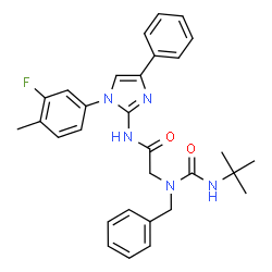 ChemSpider 2D Image | N~2~-Benzyl-N-[1-(3-fluoro-4-methylphenyl)-4-phenyl-1H-imidazol-2-yl]-N~2~-[(2-methyl-2-propanyl)carbamoyl]glycinamide | C30H32FN5O2