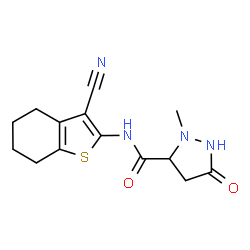 ChemSpider 2D Image | N-(3-Cyano-4,5,6,7-tetrahydro-1-benzothiophen-2-yl)-2-methyl-5-oxo-3-pyrazolidinecarboxamide | C14H16N4O2S
