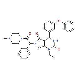 ChemSpider 2D Image | 1-Ethyl-6-[2-(4-methyl-1-piperazinyl)-2-oxo-1-phenylethyl]-4-(3-phenoxyphenyl)-3,4,6,7-tetrahydro-1H-pyrrolo[3,4-d]pyrimidine-2,5-dione | C33H35N5O4