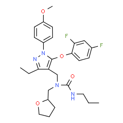ChemSpider 2D Image | 1-{[5-(2,4-Difluorophenoxy)-3-ethyl-1-(4-methoxyphenyl)-1H-pyrazol-4-yl]methyl}-3-propyl-1-(tetrahydro-2-furanylmethyl)urea | C28H34F2N4O4