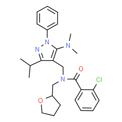 ChemSpider 2D Image | 2-Chloro-N-{[5-(dimethylamino)-3-isopropyl-1-phenyl-1H-pyrazol-4-yl]methyl}-N-(tetrahydro-2-furanylmethyl)benzamide | C27H33ClN4O2