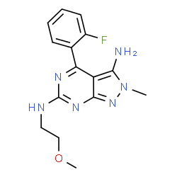 ChemSpider 2D Image | 4-(2-Fluorophenyl)-N~6~-(2-methoxyethyl)-2-methyl-2H-pyrazolo[3,4-d]pyrimidine-3,6-diamine | C15H17FN6O