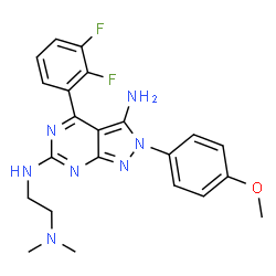 ChemSpider 2D Image | 4-(2,3-Difluorophenyl)-N~6~-[2-(dimethylamino)ethyl]-2-(4-methoxyphenyl)-2H-pyrazolo[3,4-d]pyrimidine-3,6-diamine | C22H23F2N7O