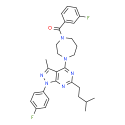 ChemSpider 2D Image | (3-Fluorophenyl){4-[1-(4-fluorophenyl)-3-methyl-6-(3-methylbutyl)-1H-pyrazolo[3,4-d]pyrimidin-4-yl]-1,4-diazepan-1-yl}methanone | C29H32F2N6O