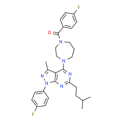 ChemSpider 2D Image | (4-Fluorophenyl){4-[1-(4-fluorophenyl)-3-methyl-6-(3-methylbutyl)-1H-pyrazolo[3,4-d]pyrimidin-4-yl]-1,4-diazepan-1-yl}methanone | C29H32F2N6O