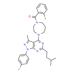 ChemSpider 2D Image | (2-Fluorophenyl){4-[1-(4-fluorophenyl)-3-methyl-6-(3-methylbutyl)-1H-pyrazolo[3,4-d]pyrimidin-4-yl]-1,4-diazepan-1-yl}methanone | C29H32F2N6O
