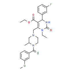 ChemSpider 2D Image | Ethyl 1-ethyl-4-(3-fluorophenyl)-6-{[4-(3-methoxybenzoyl)-3-methyl-1-piperazinyl]methyl}-2-oxo-1,2,3,4-tetrahydro-5-pyrimidinecarboxylate | C29H35FN4O5