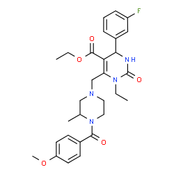 ChemSpider 2D Image | Ethyl 1-ethyl-4-(3-fluorophenyl)-6-{[4-(4-methoxybenzoyl)-3-methyl-1-piperazinyl]methyl}-2-oxo-1,2,3,4-tetrahydro-5-pyrimidinecarboxylate | C29H35FN4O5