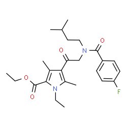 ChemSpider 2D Image | Ethyl 1-ethyl-4-[N-(4-fluorobenzoyl)-N-(3-methylbutyl)glycyl]-3,5-dimethyl-1H-pyrrole-2-carboxylate | C25H33FN2O4