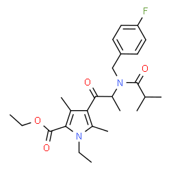 ChemSpider 2D Image | Ethyl 1-ethyl-4-[N-(4-fluorobenzyl)-N-isobutyrylalanyl]-3,5-dimethyl-1H-pyrrole-2-carboxylate | C25H33FN2O4
