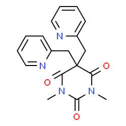 ChemSpider 2D Image | 1,3-Dimethyl-5,5-bis-pyridin-2-ylmethyl-pyrimidine-2,4,6-trione | C18H18N4O3