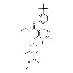 ChemSpider 2D Image | Ethyl 6-{[4-(ethylcarbamoyl)-3-methyl-1-piperazinyl]methyl}-1-methyl-4-[4-(2-methyl-2-propanyl)phenyl]-2-oxo-1,2,3,4-tetrahydro-5-pyrimidinecarboxylate | C27H41N5O4