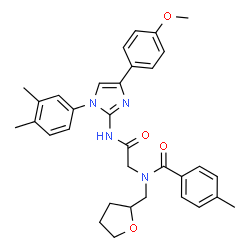 ChemSpider 2D Image | N-(2-{[1-(3,4-Dimethylphenyl)-4-(4-methoxyphenyl)-1H-imidazol-2-yl]amino}-2-oxoethyl)-4-methyl-N-(tetrahydro-2-furanylmethyl)benzamide | C33H36N4O4