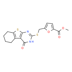 ChemSpider 2D Image | Methyl 5-{[(4-oxo-3,4,5,6,7,8-hexahydro[1]benzothieno[2,3-d]pyrimidin-2-yl)sulfanyl]methyl}-2-furoate | C17H16N2O4S2