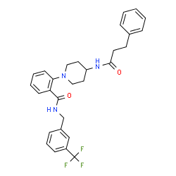 ChemSpider 2D Image | 2-{4-[(3-Phenylpropanoyl)amino]-1-piperidinyl}-N-[3-(trifluoromethyl)benzyl]benzamide | C29H30F3N3O2