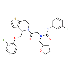 ChemSpider 2D Image | 3-(3-Chlorophenyl)-1-(2-{4-[(2-fluorophenoxy)methyl]-6,7-dihydrothieno[3,2-c]pyridin-5(4H)-yl}-2-oxoethyl)-1-(tetrahydro-2-furanylmethyl)urea | C28H29ClFN3O4S