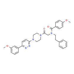 ChemSpider 2D Image | 4-Methoxy-N-(2-{4-[6-(3-methoxyphenyl)-3-pyridazinyl]-1-piperazinyl}-2-oxoethyl)-N-(2-phenylethyl)benzamide | C33H35N5O4