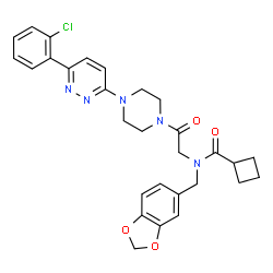 ChemSpider 2D Image | N-(1,3-Benzodioxol-5-ylmethyl)-N-(2-{4-[6-(2-chlorophenyl)-3-pyridazinyl]-1-piperazinyl}-2-oxoethyl)cyclobutanecarboxamide | C29H30ClN5O4