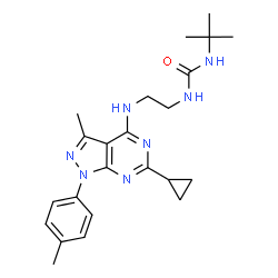 ChemSpider 2D Image | 1-(2-{[6-Cyclopropyl-3-methyl-1-(4-methylphenyl)-1H-pyrazolo[3,4-d]pyrimidin-4-yl]amino}ethyl)-3-(2-methyl-2-propanyl)urea | C23H31N7O