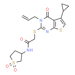ChemSpider 2D Image | 2-[(3-Allyl-5-cyclopropyl-4-oxo-3,4-dihydrothieno[2,3-d]pyrimidin-2-yl)sulfanyl]-N-(1,1-dioxidotetrahydro-3-thiophenyl)acetamide | C18H21N3O4S3
