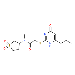 ChemSpider 2D Image | N-(1,1-Dioxidotetrahydro-3-thiophenyl)-N-methyl-2-[(4-oxo-6-propyl-1,4-dihydro-2-pyrimidinyl)sulfanyl]acetamide | C14H21N3O4S2