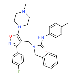 ChemSpider 2D Image | 1-Benzyl-1-{[3-(4-fluorophenyl)-5-(4-methyl-1-piperazinyl)-1,2-oxazol-4-yl]methyl}-3-(4-methylphenyl)urea | C30H32FN5O2