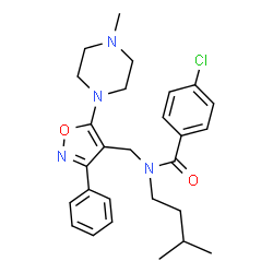 ChemSpider 2D Image | 4-Chloro-N-(3-methylbutyl)-N-{[5-(4-methyl-1-piperazinyl)-3-phenyl-1,2-oxazol-4-yl]methyl}benzamide | C27H33ClN4O2