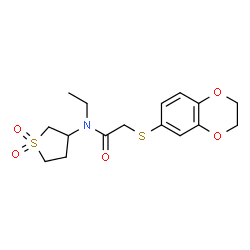 ChemSpider 2D Image | 2-(2,3-Dihydro-1,4-benzodioxin-6-ylsulfanyl)-N-(1,1-dioxidotetrahydro-3-thiophenyl)-N-ethylacetamide | C16H21NO5S2