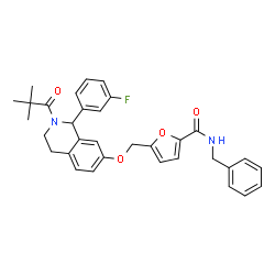 ChemSpider 2D Image | N-Benzyl-5-({[2-(2,2-dimethylpropanoyl)-1-(3-fluorophenyl)-1,2,3,4-tetrahydro-7-isoquinolinyl]oxy}methyl)-2-furamide | C33H33FN2O4