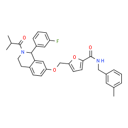 ChemSpider 2D Image | 5-({[1-(3-Fluorophenyl)-2-isobutyryl-1,2,3,4-tetrahydro-7-isoquinolinyl]oxy}methyl)-N-(3-methylbenzyl)-2-furamide | C33H33FN2O4