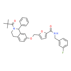 ChemSpider 2D Image | 5-({[2-(2,2-Dimethylpropanoyl)-1-phenyl-1,2,3,4-tetrahydro-7-isoquinolinyl]oxy}methyl)-N-(3-fluorobenzyl)-2-furamide | C33H33FN2O4