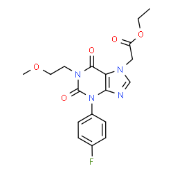 ChemSpider 2D Image | Ethyl [3-(4-fluorophenyl)-1-(2-methoxyethyl)-2,6-dioxo-1,2,3,6-tetrahydro-7H-purin-7-yl]acetate | C18H19FN4O5