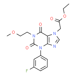 ChemSpider 2D Image | Ethyl [3-(3-fluorophenyl)-1-(2-methoxyethyl)-2,6-dioxo-1,2,3,6-tetrahydro-7H-purin-7-yl]acetate | C18H19FN4O5